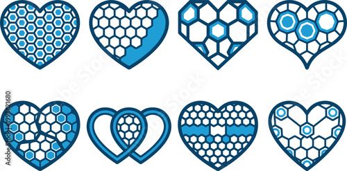 Acht blaue und weiße Herzen mit verschiedenen geometrischen Mustern, darunter Waben und abstrakte Formen, die Liebe und Design symbolisieren.