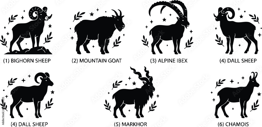 Obraz premium Black silhouette bighorn sheep mountain goat alpine ibex dall sheep markhor and chamois vector art