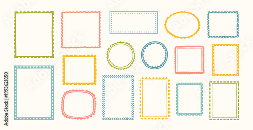 Set of hand drawn colorful boho frames in different shapes. Decorative doodle frames. Minimal trendy border for wedding invitation, postal stamp, birthday, poster, banner. Vector illustration.