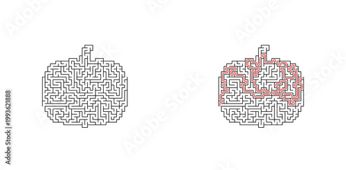 Pumpkin-shaped maze puzzle with solved and unsolved versions  