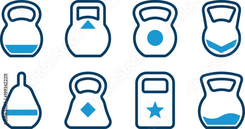 Heart shaped hot air balloon line icon set. Includes various blue romantic flight symbols with baskets and flags. Flat vector design for Valentine's Day and travel concepts.