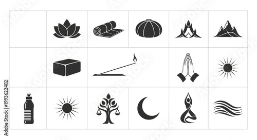Collection of Yoga and Meditation Icons for Wellness and Spirituality.
