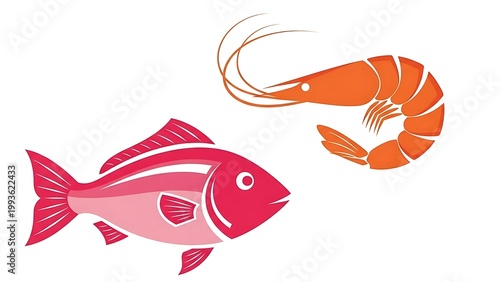 A colorful illustration of a fish and a shrimp in a playful scene