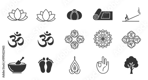 Collection of Yoga and Meditation Symbols and Icons.