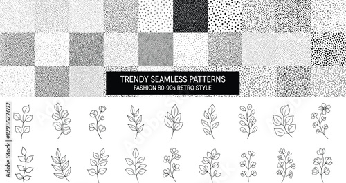 Collection of trendy seamless stipple patterns and hand-drawn floral botanical line art branches in a retro eighties and nineties fashion style.