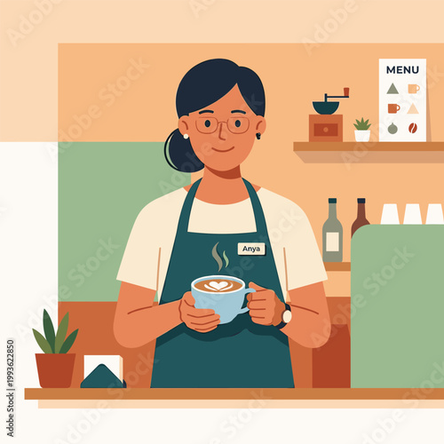 Barista With Coffee In Garden With Plant