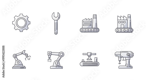 Industrial Icons Set Featuring Machinery and Factory Elements.