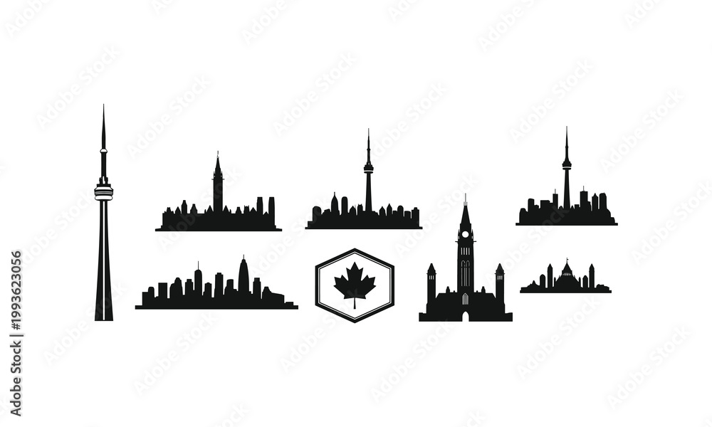 Fototapeta premium Canada landmarks and city skyline silhouette collection set black vector illustration art.