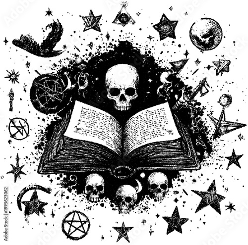 Occult skull label, mystic symbol within a circular rune diagram with esoteric and alchemical signs in white dotwork on black, ancient retro style