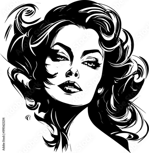 Ink drawing portrait of young woman with voluminous wavy hair glancing sideways mysteriously on white background