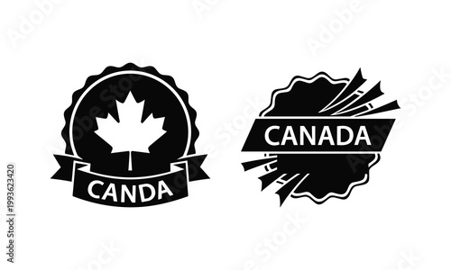 Two Canadian emblems with maple leaf and text vector illustration on white.