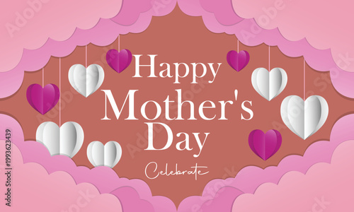 Happy mother's day greeting card with pink and white paper hearts floral border greeting decoration celebration appreciation decorative background sentiment