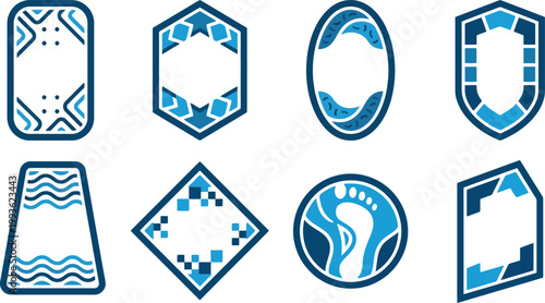 Acht verschiedene blaue und weiße Rahmen mit abstrakten Mustern und Formen, ideal für Logos oder Etiketten.