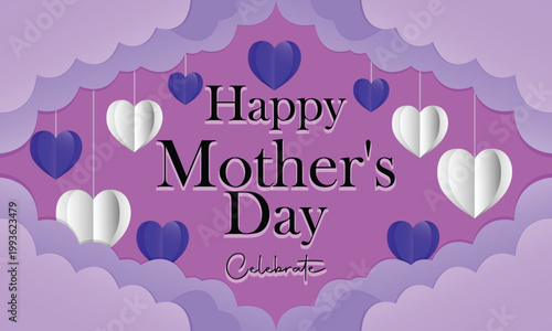 Happy mother's day greeting card with purple and white paper hearts floral border greeting decoration celebration appreciation decorative background sentiment
