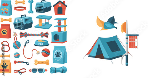 Pet Care and Accessories Collection with Dog Food, Toys, Carrier, Leash, Collar, and Outdoor Camping Elements for Animal Care Illustration