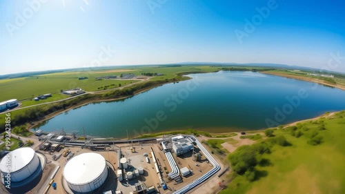 Aerial view of wide calm lake surrounded by green fields and forests under clear blue sky, sandy shore visible in foreground. Concept of natural resources and environmental purity