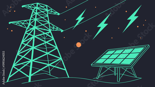 A vector graphic illustration of a power transmission tower and solar panel with lightning bolts in the night sky