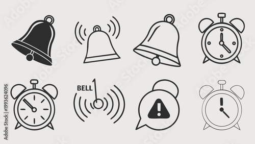 A set of black and white vector icons depicting alarm clocks and bells