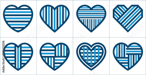 Acht Herzen mit verschiedenen blauen und weißen Streifenmustern, grafisch und modern dargestellt.
