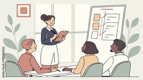 A diverse group of people in a meeting with a woman presenting at the front of the room.