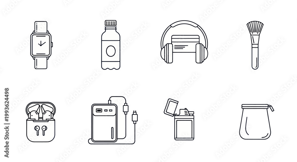 Fototapeta premium Modern Gadgets and Accessories Line Icons Set: Smartwatch, Headphones, Charger, Makeup Brush