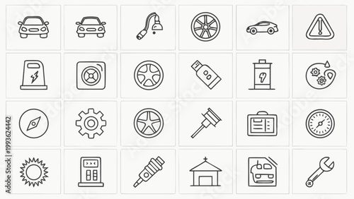 A set of black and white line art icons representing various car maintenance and repair services