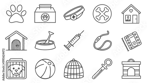 A set of black and white line art icons related to pets and veterinary care