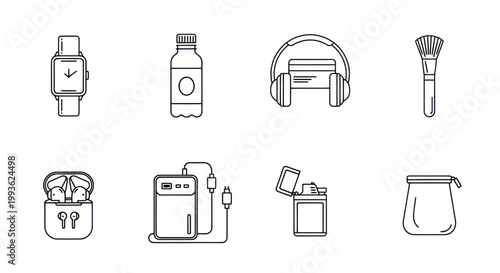 Modern Gadgets and Accessories Line Icons Set: Smartwatch, Headphones, Charger, Makeup Brush