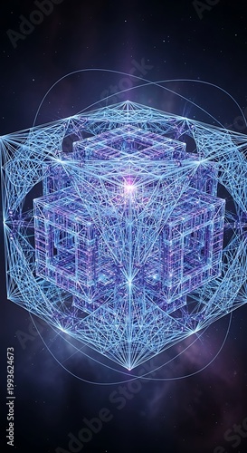 Intricate Blue Cube Structure with Geometric Lines and Glowing Core.