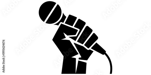A bold black silhouette illustration of a human hand raised firmly in the air while gripping a vintage wired audio microphone. Vector, illustration