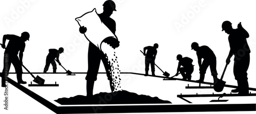 Workers pouring and spreading materials likely concrete in a construction scene