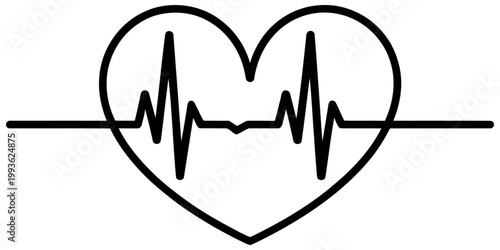 A black and white line art illustration showing a simple heart shape integrated with a continuous rhythmic heartbeat signal line. Vector, illustration