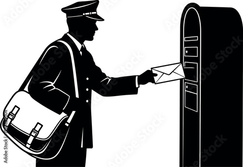 A postman in silhouette is depositing mail into a public mailbox