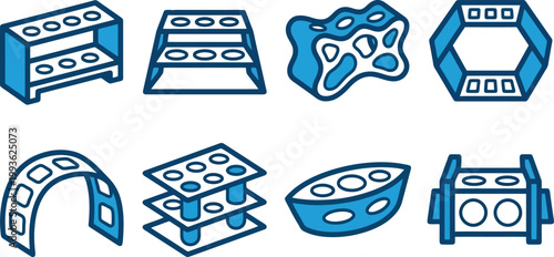 Eine Sammlung von acht blauen, stilisierten Laborgeräten und Halterungen mit Löchern für Reagenzgläser oder andere Objekte.