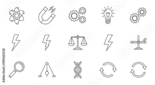 Science and technology icons representing concepts like energy physics and innovation silhouette