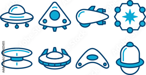 Acht blaue und weiße Icons von fliegenden Untertassen und futuristischen Raumschiffen in verschiedenen Formen und Designs.