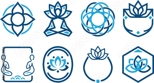 Sammlung von acht stilisierten Logos mit Lotusblumen, Meditationsfiguren und abstrakten Mustern in beruhigenden Blautönen.