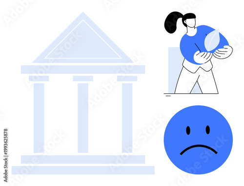 Financial insecurity, poverty, savings loss, banking troubles, economic struggles, debt. A woman holding an empty wallet, bank building and sad face icon. Financial insecurity and poverty