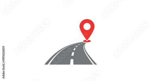 A clean and minimalist graphic illustration features a grey asphalt road stretching toward the horizon with a bold red location pin marking the final destination.