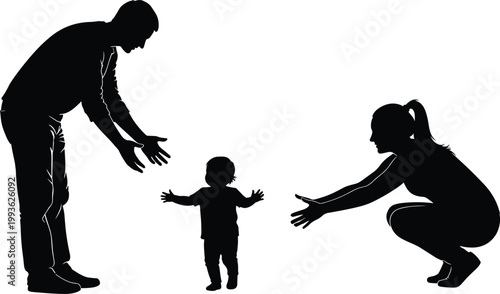 Silhouette of mother and father encouraging their baby to take first steps together for family love and child development concept