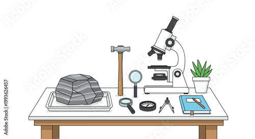 A meticulous vector illustration shows a professional geology workspace featuring a microscope and a layered rock sample alongside various scientific tools.