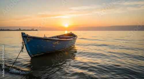 Dramatic dawn light illuminating empty fishing boat on calm Sea of Galilee surrounded by warm mist