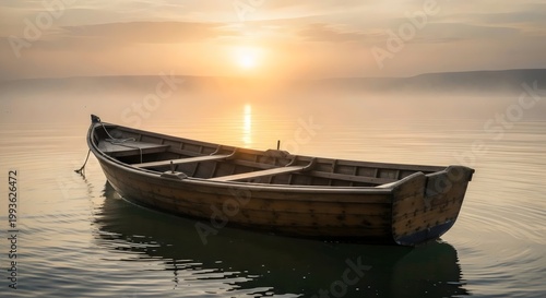 Scenic golden sunrise over Sea of Galilee with empty fishing boat drifting through soft morning mist