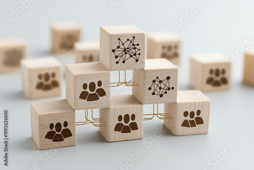 Organizational network structure with connected people icons on wooden blocks, showing team collaboration, stakeholder mapping, social graph, and business communication on a light background