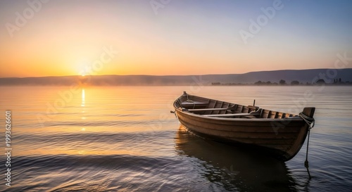 Atmospheric dawn view of fishing boat resting on still waters of the Sea of Galilee covered in golden morning fog