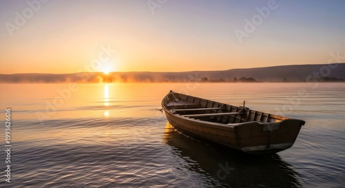 Peaceful morning scene of abandoned fishing boat drifting on tranquil Sea of Galilee under glowing golden horizon