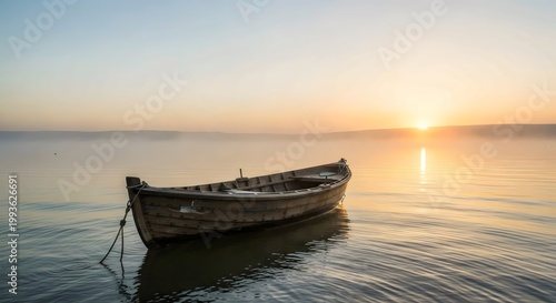 Tranquil early morning scene of fishing boat floating alone on Sea of Galilee under soft golden light