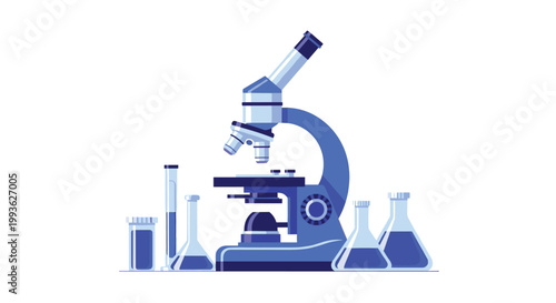 A professional laboratory setup features a large blue microscope positioned among various glass flasks and test tubes filled with deep blue chemicals.