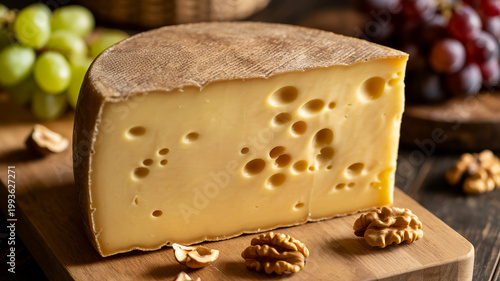 A Wedge of Swiss Cheese with Holes and Nuts on a Wooden Cutting Board emmental gruyere