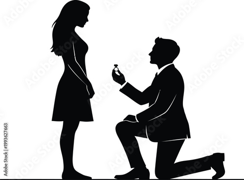 Man kneeling proposing marriage to woman holding engagement ring silhouette, romantic love proposal couple relationship concept vector